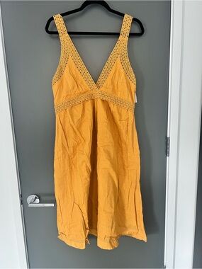 HM Linen Sleeveless V-Neck Crochet Trim Sundress in Mustard
